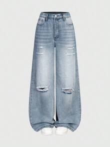 Sparklyn 少女破洞宽松阔腿休闲复古蓝色牛仔裤 - 藍色 - 查看 3