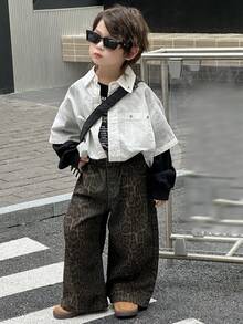 Dazy Kids 秋季幼儿男童宽松直筒豹纹牛仔裤休闲街头风裤子 - 藍色 - 查看 3