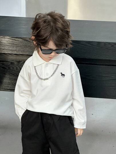 DAZY 幼儿男童休闲 Polo 衫，宽松版型，刺绣图案，秋季