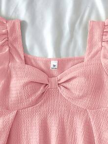 SHEIN Áo thun dệt kim jacquard tay bèo nhún họa tiết mùa hè dễ thương, thoải mái cho bé gái tuổi teen, đồ mặc nhà, dễ thương, thích hợp cho các bữa tiệc, ngày lễ tình nhân - Hồng - Xem 3