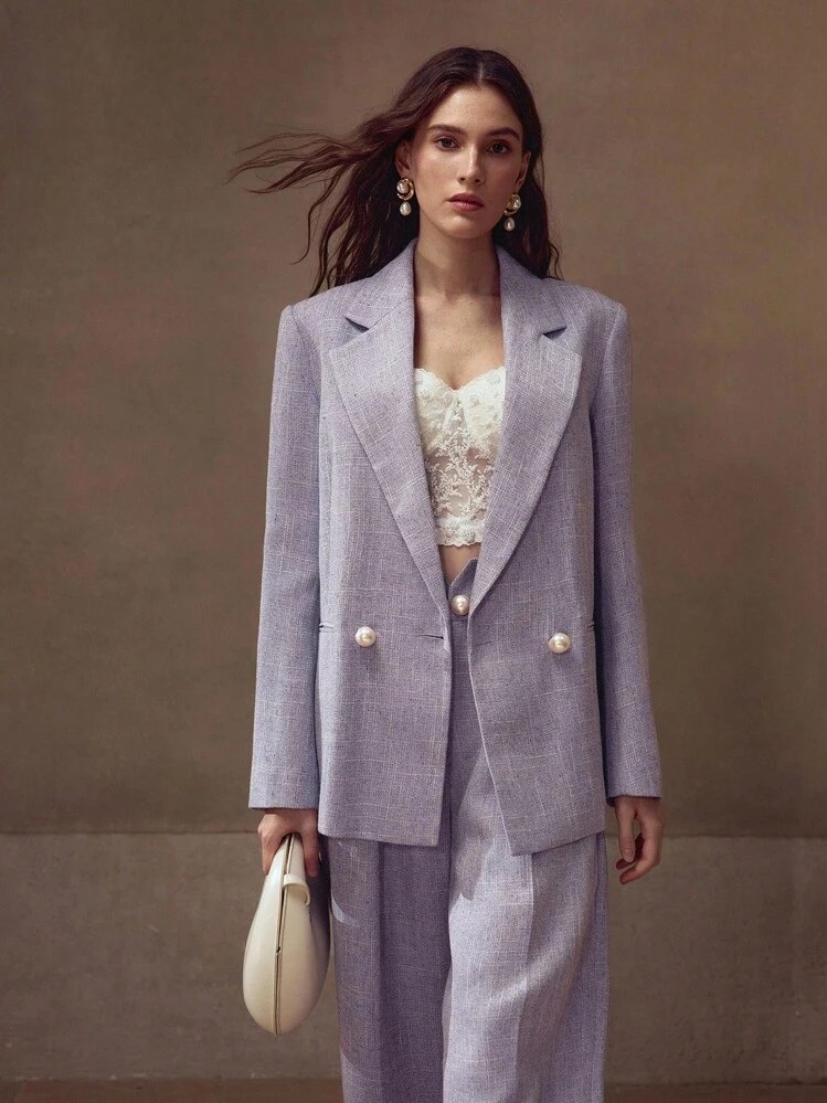 MOTF PREMIUM BLAZER ESTRUCTURADO DE DOBLE BOTONADURA - Morado - Añade 3