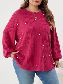 SHEIN CURVE+ Plus Size Autumn Pearl Detail Ribbed Knit Long Sleeve Top/Autumn /Winter - Hot Pink - View 3