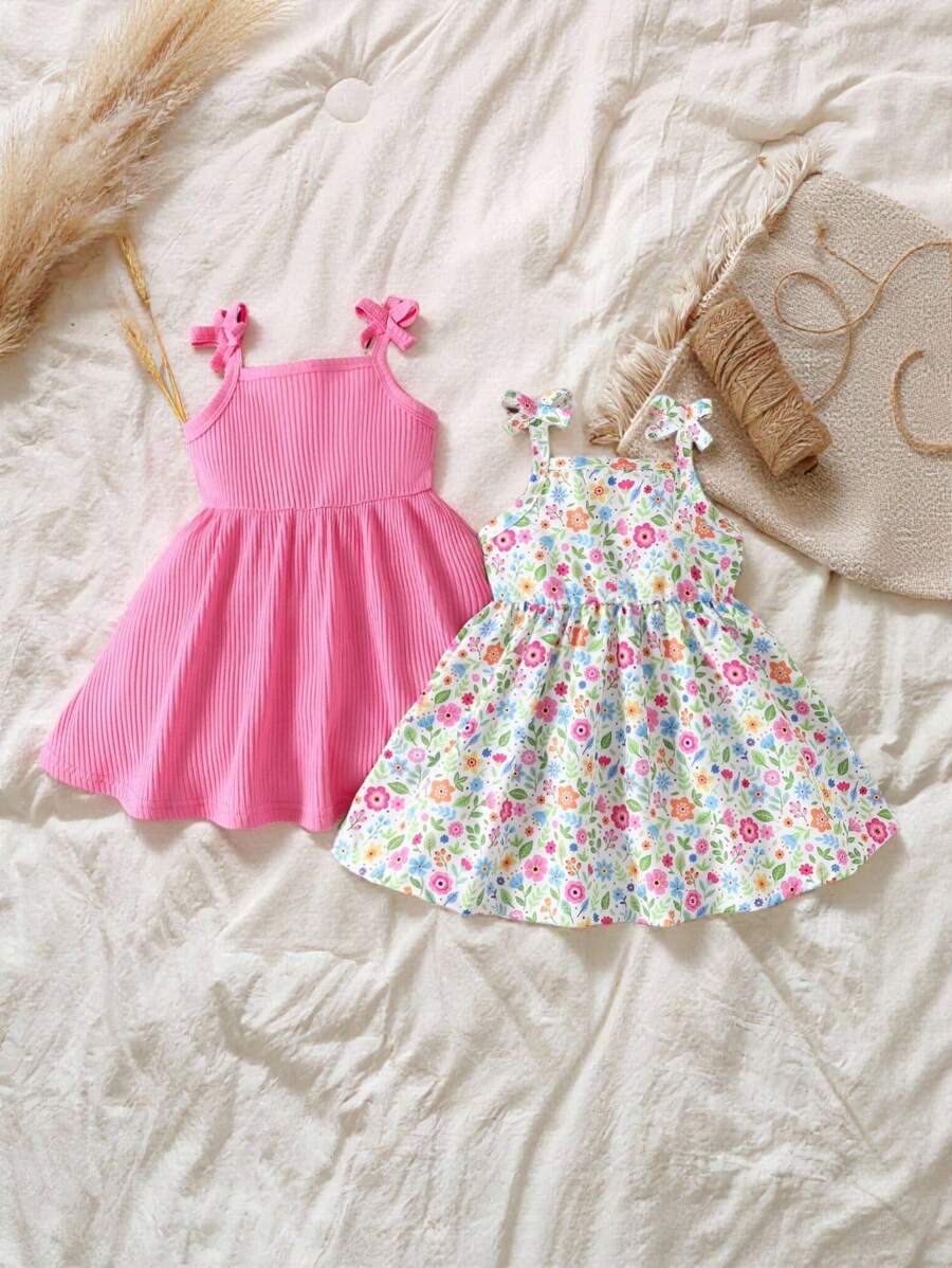 SHEIN Playful Pals 2pcs Baby Girls' Casual Solid Color & Ditsy Floral Strap Dress, Perfect For Spring & Summer - Multicolor - View 1
