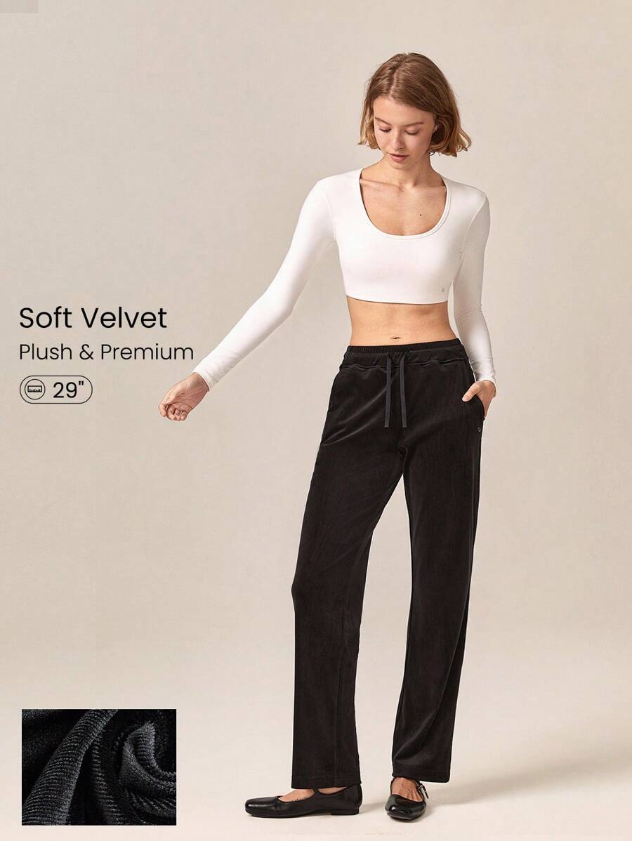 GLOWMODE Smooth Soft Velvet Adjustable Drawstring Waist Straight Leg Pants With Side Pockets Daily Casual - Black - View 1