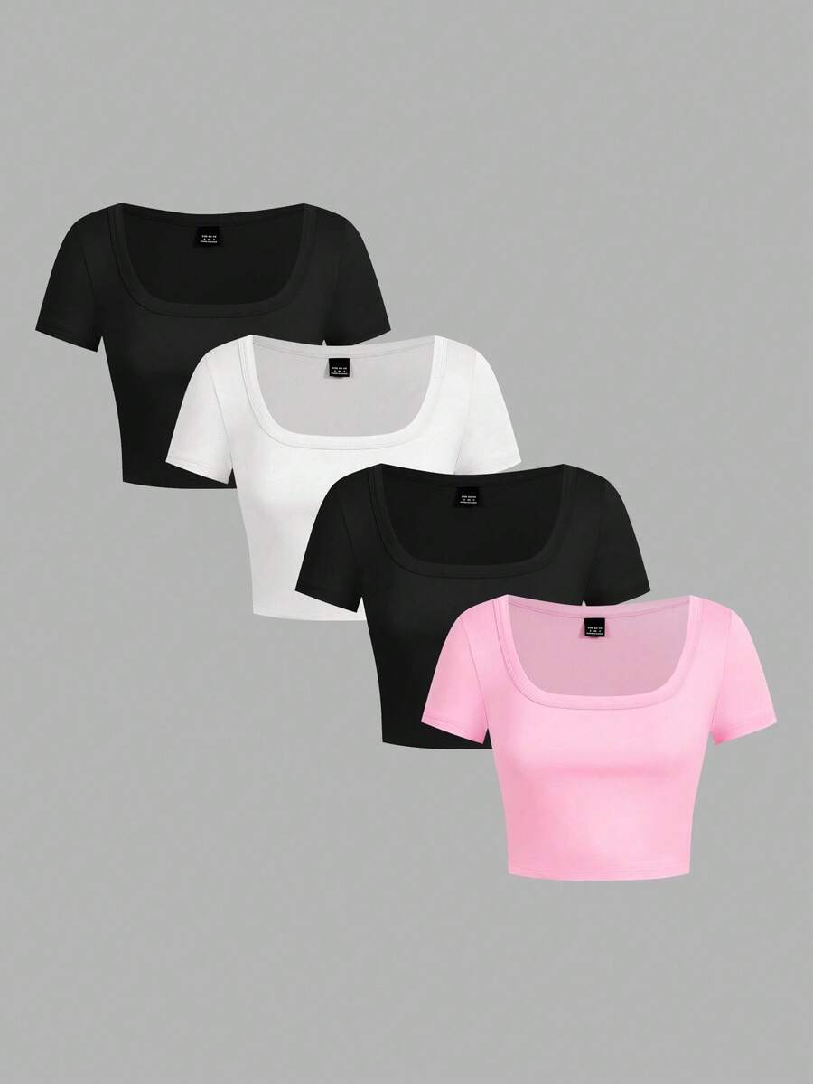 SHEIN EZwear Bộ 4 áo thun ngắn tay cổ tròn dáng lửng màu trơn, đa năng dành cho nữ, thích hợp cho mùa hè. - Nhiều màu - Xem 1