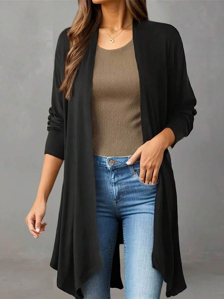 SHEIN LUNE Women's Commuter Style Collarless Long Coat With Asymmetric Hemline, Solid Color Fall Winter Cloth For Women