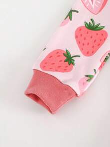 Cozy Pixies 女婴舒适睡衣套装，卡通草莓印花柔软针织圆领长袖上衣和松紧腰打底裤 - 粉色 - 查看 4