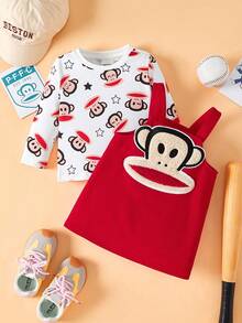 Paul Frank X SHEIN Bộ 2 áo thun dài tay cổ tròn in hình khỉ cho bé gái và váy yếm đỏ - Đỏ và trắng - Xem 3
