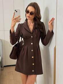 SHEIN LUNE فستان بلايزر أنيق بأكمام طويلة، فستان قصير للنساء بخصر مشدود باللون البني، خريف/شتاء - بني - مشاهدة 2