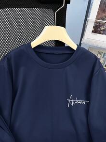 SHEIN 2pcs/Set Teen Boys' Casual Versatile Comfortable Highly Attractively Letter Print Knit Short Sleeve T-Shirt And Shorts, Urban Casual Style - Navy Blue - View 3