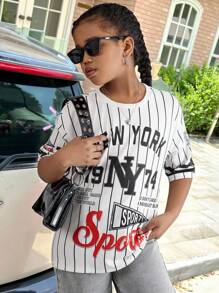 Girls Streetwear Casual Versatile Sports American Team Baseball Striped Graffiti Oversized Short Sleeve Crew Neck T-Shirt,Holiday,Summer,Travel - White - View 1