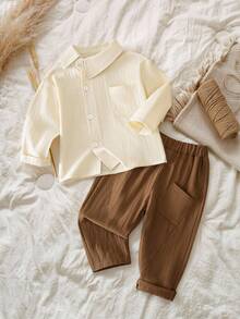 SHEIN Vintaside Kids Baby Boy Spring & Autumn Casual Solid Color Asymmetrical Collar Shirt With Asymmetric Patchwork Pants Set - Multicolor - View 1