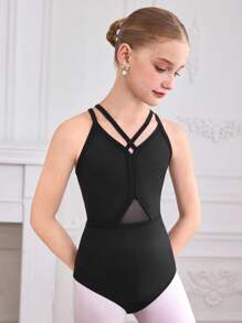 SHEIN Bộ đồ liền thân thể thao cho bé gái tuổi mới lớn, Bộ đồ liền thân múa ba lê màu đen ôm vừa vặn với thiết kế khoét lưng thanh lịch (Đan + lưới co giãn), Bộ đồ liền thân thể dục thoải mái, Phù hợp với mọi mùa, Quần áo trở lại trường - màu đen - Xem 4