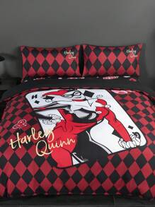 Harley Quinn X SHEIN 3pc Cartoon Character And Argyle Pattern Bedding Set,Suitable For Single Bed/Double Bed/Queen Bed/King Bed, Dormitory/Home - Multicolor - View 2