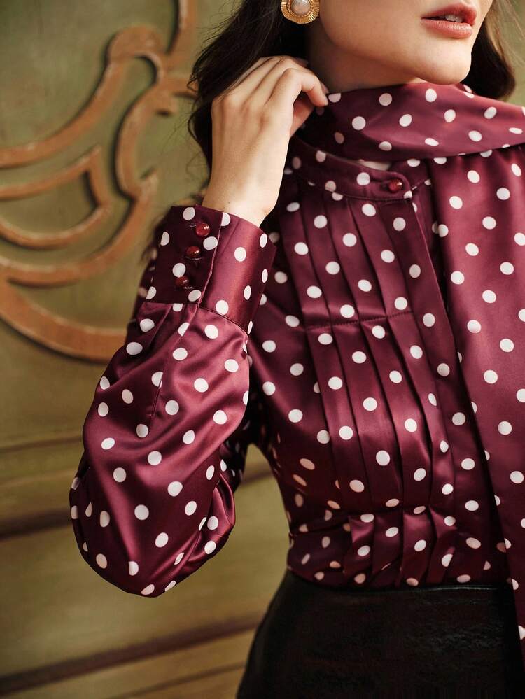 Women's Elegant Red Polka Dot Print Detachable Collar Basic Shirt, Autumn/Winter