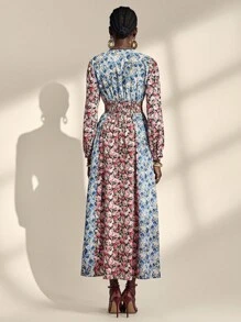 Almamuse 女式优雅花卉拼布长袖褶饰腰连衣裙 - 彩色 - 查看 2