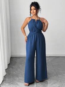 Elenzga 大码女式休闲卡其色褶皱面料细肩带串珠腰纽扣和领结设计连体裤，适合春夏季、返校、毕业典礼、情人节、音乐节、母亲节、万圣节、感恩节、复活节、国庆节、舞会、约会派对、婚礼、户外旅行 - 寶藍色 - 查看 6