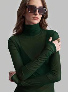 Ontre Stockholm Style, Women's Teacher Outfit, Autumn Clothing, High Collar Turtleneck Knit Top, Elegant Autumn/Winter Blouse, Mesh Long Sleeve Shirt, Business Casual Women's Basic Top - Dark Green - View 6