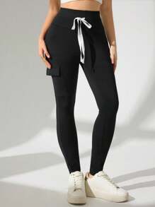 Modelyn Women's Solid Color Drawstring Skinny Pocket Leggings Fall Cloth For Women