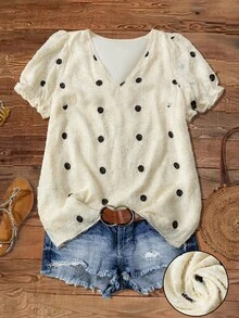 Linhara Plus-Size Women's Woven Regular Elegant Commuter Spring-Autumn Lantern Short-Sleeve Black Polka-Dot Semi-Sheer Fabric Round-Neck Blouse - Apricot - View 1