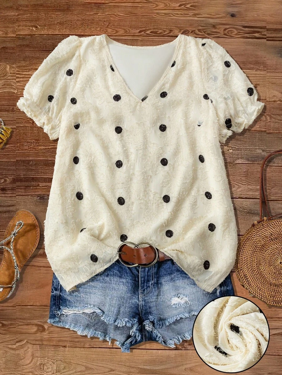 Linhara Plus-Size Women's Woven Regular Elegant Commuter Spring-Autumn Lantern Short-Sleeve Black Polka-Dot Semi-Sheer Fabric Round-Neck Blouse - Apricot - View 1