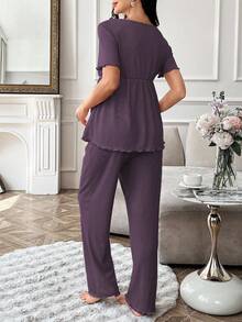 Solid Color V-Neck Ruffle Trim Short Sleeve Pants Maternity Pajama Set Maternity Pajamas Set Maternity Lounge Set Postpartum Pajamas Set Postpartum Lounge Set Purple Maternity Pajamas - Purple - View 2