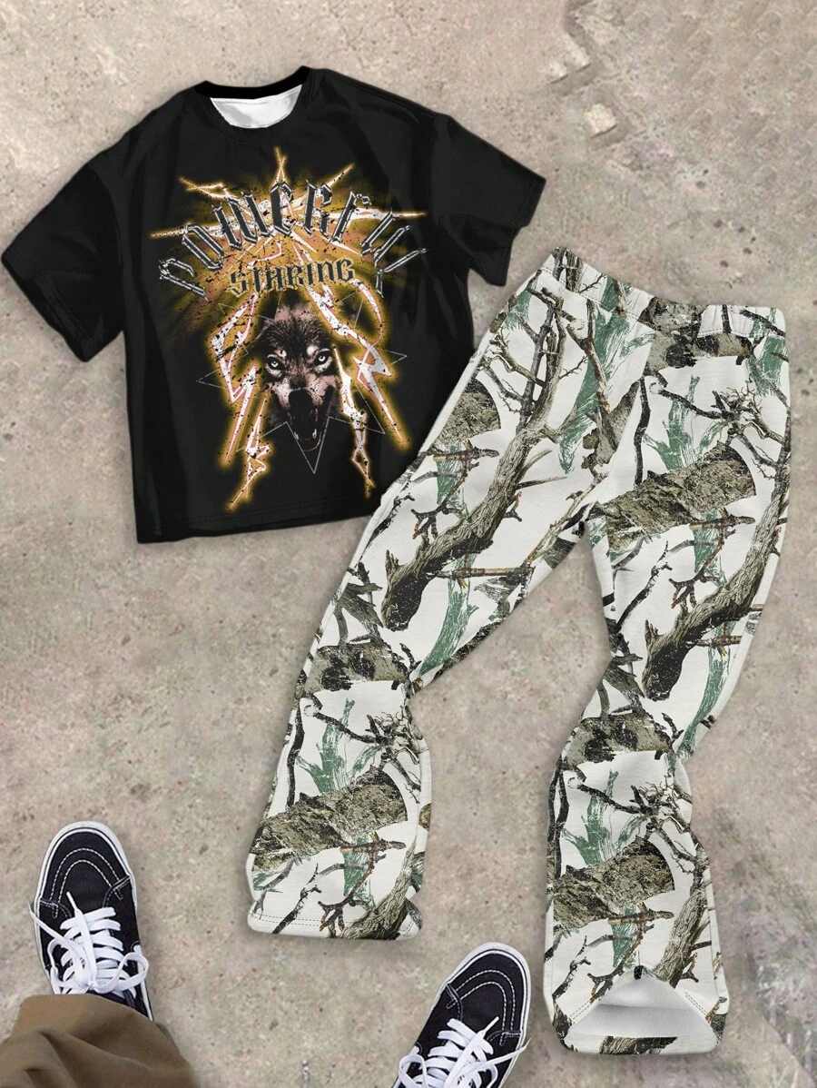 SHEIN 2 件套青少年男孩休闲动物印花 T 恤和喇叭裤套装,适合夏季 - 彩色 - 查看 1