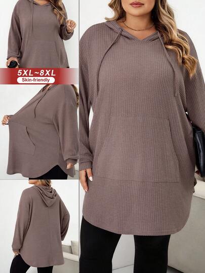 SHEIN CURVE+ Sudadera con capucha de unicolor, cordón ajustable y bajo asimétrico, para talla grande, para otoño/invierno