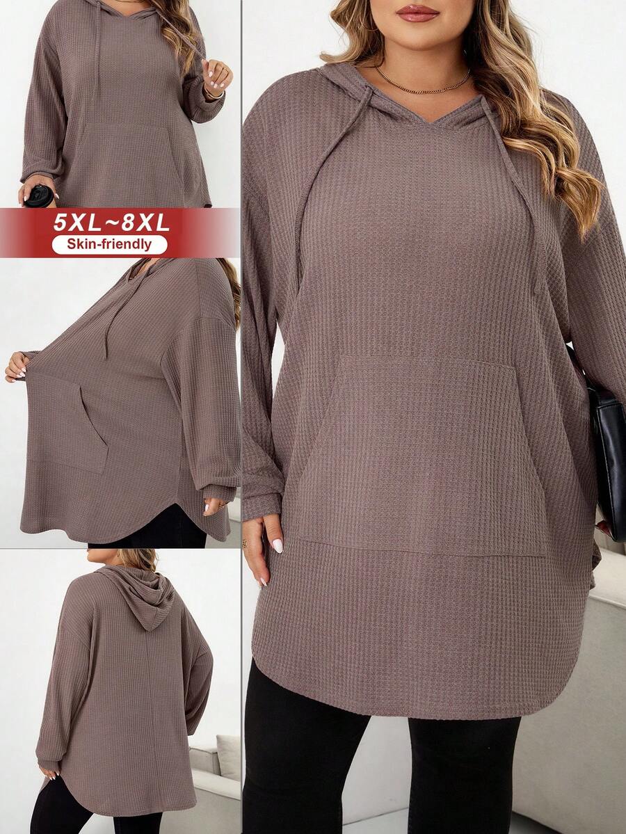 SHEIN CURVE+ Plus Size Solid Color Hooded Drawstring Asymmetrical Hem Sweatshirt Winter Fall Autumn/Autumn /Winter - Dusty Pink - View 1