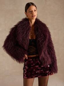 SHEIN BAE Elegant Solid Color Faux Fur Jacket, Autumn/Winter, Fur Coat Women ,Faux Fur Coat,Burgundy Fur Coat,Autumn-Winter Fur Coat - Red Violet - View 6