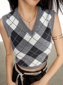 Rina Fox 女式菱形图案V领无袖短款休闲针织上衣