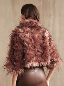 Anewsta 时尚仿毛领短外套，适合秋季、冬季、新年穿着，优雅、别致、时尚，圣诞节、外出皆宜 - 鏽棕色 - 查看 2