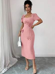 Elenzga Vestido de verano de longitud media con elegante decoración floral 3D para mujer - Rosa vieja - Ver 3