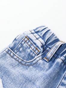 女童休闲牛仔裤，甜美蝴蝶贴花和刺绣设计，中腰修身蓝色牛仔裤 - 藍色 - 查看 9