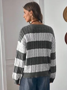 LanaWest Women's Twist Cable Pattern Striped V-Neck Drop Shoulder Long Sleeve Casual Pullover Sweater Fall Winter Cloth For Women - Dark Grey - View 2