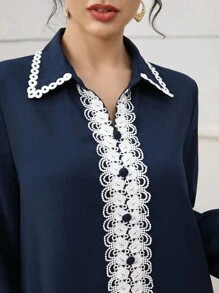 Al Najma 女士纯色百搭日常通勤长袖连衣裙 - 藍色 - 查看 6
