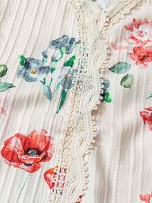 Linhara 大码女式纹理花卉印花蕾丝拼布长袖荷叶边V领休闲常规衬衫 - 杏色 - 查看 5