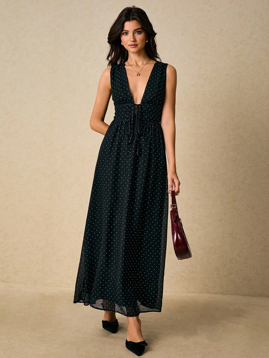 Poéselle 女式圆点印花深V领无袖连衣裙 - 黑色 - 查看 1