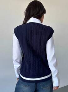 Firerie 女式条纹撞色麻花针织 V 领毛衣背心（不含衬衫），基本款日常通勤针织上衣，百搭必备，秋冬服装，通勤，优雅，休闲，日常，工作 - 藏蓝色 - 查看 3