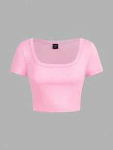 SHEIN EZwear Bộ 4 áo thun ngắn tay cổ tròn dáng lửng màu trơn, đa năng dành cho nữ, thích hợp cho mùa hè. - Nhiều màu - Xem 10