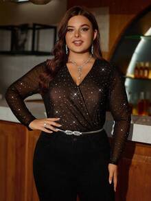 Gownix Plus Glitter Rhinestone Decor Mesh Bodysuit