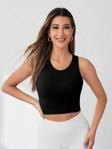 Eassivo Eassivo 高弹力无缝纯色无袖运动 T 恤和背心女式修身衬衫 - 黑色 - 查看 3