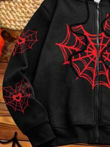 Manfinity EMRG Fashionable Casual Young Street Heart, Spider Web & Spider Element All-Over Digital Print Pattern Oversized Loose Fit Drop Shoulder Hoodie Sweatshirt, Suitable For Holidays, Dates, Gatherings, Parties, Couples, Family Matching, Great Gift For Boyfriend/Husband Halloween Hoodie Spider Web Hoodie Gothic Hoodie Zip Up Hoodie, Men Spider Web Graphic Hoodie, Black Spider Hoodie, Men Halloween Hoodie, Hip Hop Spider Hoodie , Fall Winter