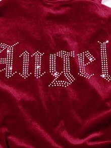 SHEIN 青少年女孩天鹅绒水钻口袋连帽拉链运动衫和修身喇叭裤休闲优雅两件套 - 酒紅色 - 查看 8