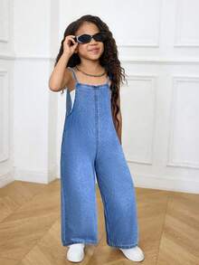 SHEIN 小女孩深蓝色牛仔吊带连体裤，女童春夏休闲度假乡村波西米亚风装，女童沙滩装，女童西部街头装，春假装，狂欢节牛仔连体裤，小女孩度假装 - 淺色水洗藍 - 查看 5