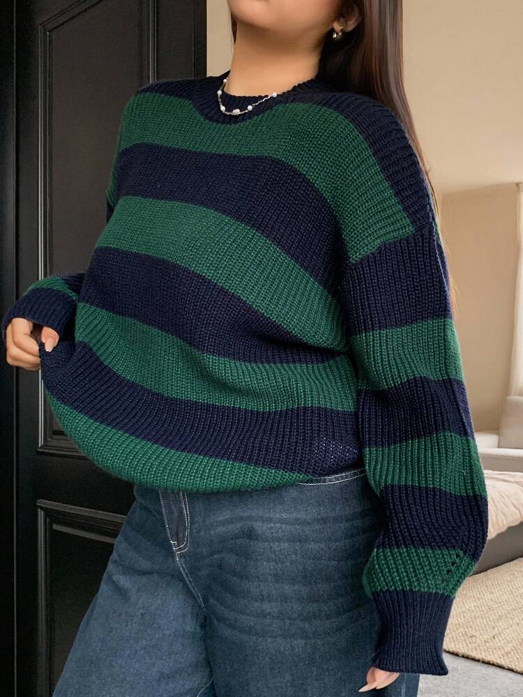 Dazy Plus Suéter holgado de cuello redondo con bloques de color, manga larga, tallas grandes para mujer, otoño/invierno - Verde Oscuro - Añade 1