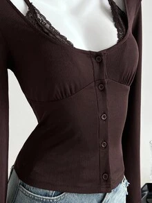 Elamini 1 pieza Camiseta de manga larga con cuello redondo, ajustada, de estilo casual con detalles de encaje marrón y parches, para la temporada de vuelta al colegio