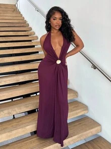 Alexandranx Vestido de punto sin espalda de unicolor para mujer - Burdeos - Ver 4