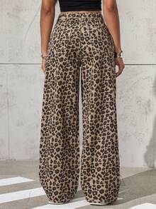 EMERY ROSE Women's Leopard Print Pocket Wide Leg Loose Casual Jeans Pants - Multicolor - View 2