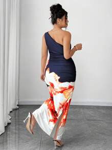 Elenzga 加大码无袖修身长款针织斜肩印花连衣裙 生日女士 生日女士休闲连衣裙 女士夏季服装 女装 大印花大碎花长裙 及臀长裙 优雅长裙 秋季女装 - 藏蓝色 - 查看 2